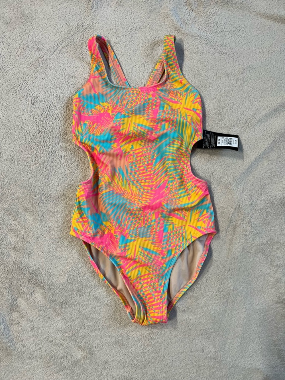 Art Class Girl’s Ribbed One-Piece Swimsuit XL (14) NWT Tropical Palm Print